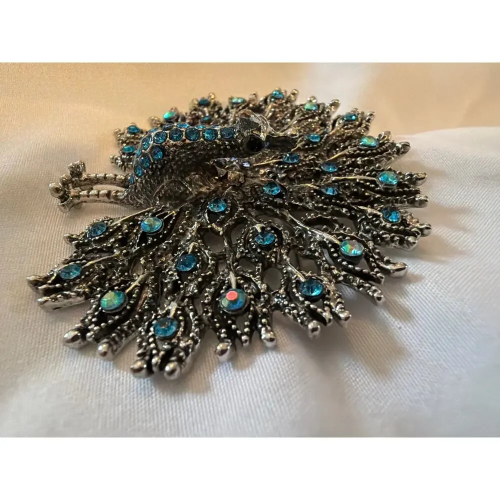 Vintage Large Peacock Brooch Blue AB Rhinestones Silver Tone Statement Pin